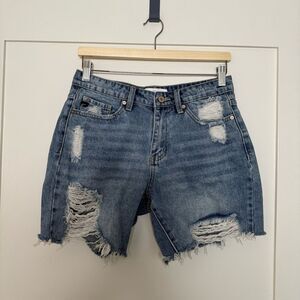 KanCan Jean Shorts 6'' Womens Sz M Blue Distressed Cut Off Denim